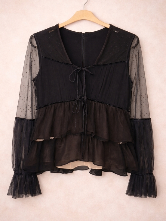 Tops - Black Sheer Mesh Peplum Top Polka Dot Tie Front Whimsigoth XS